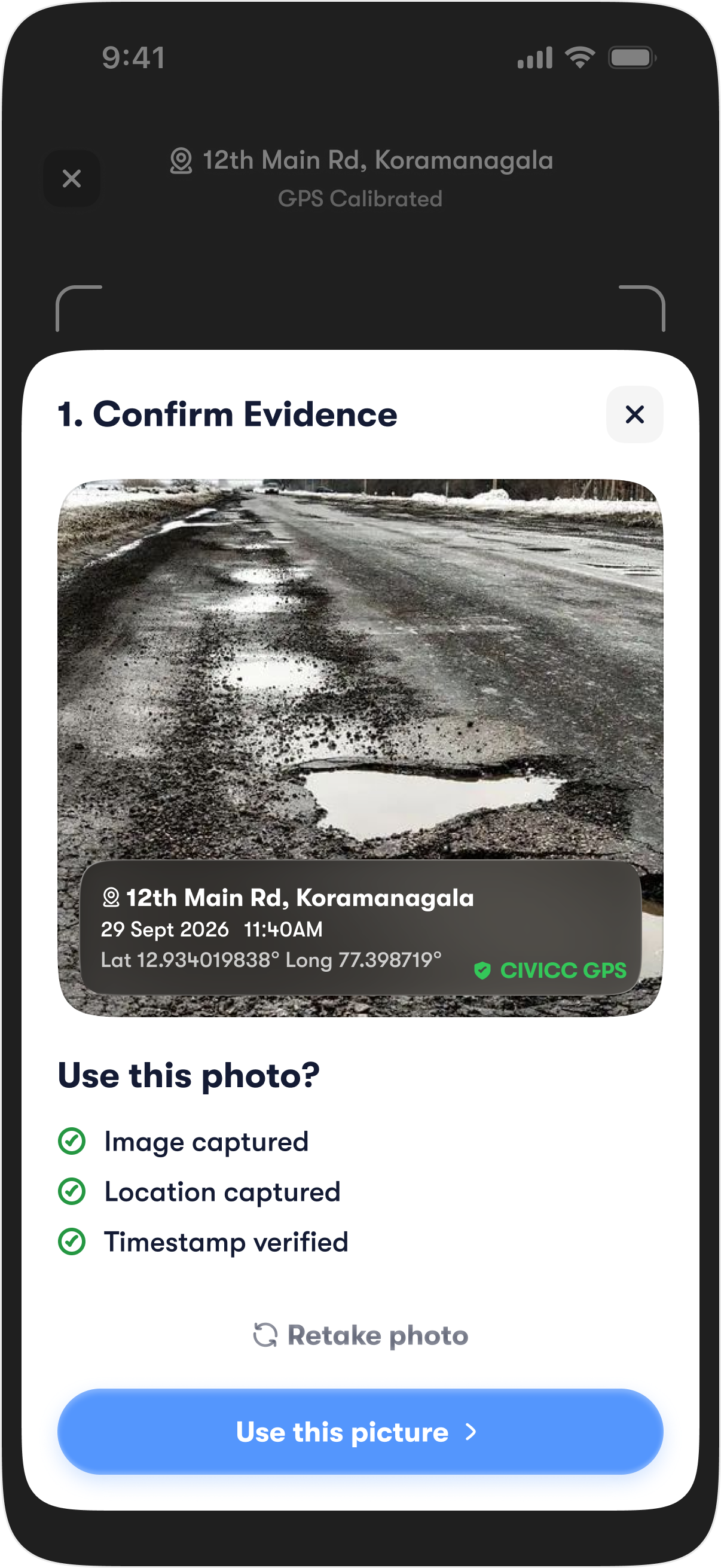 Civicc Evidence Confirmation with Timestamp & Geolocation