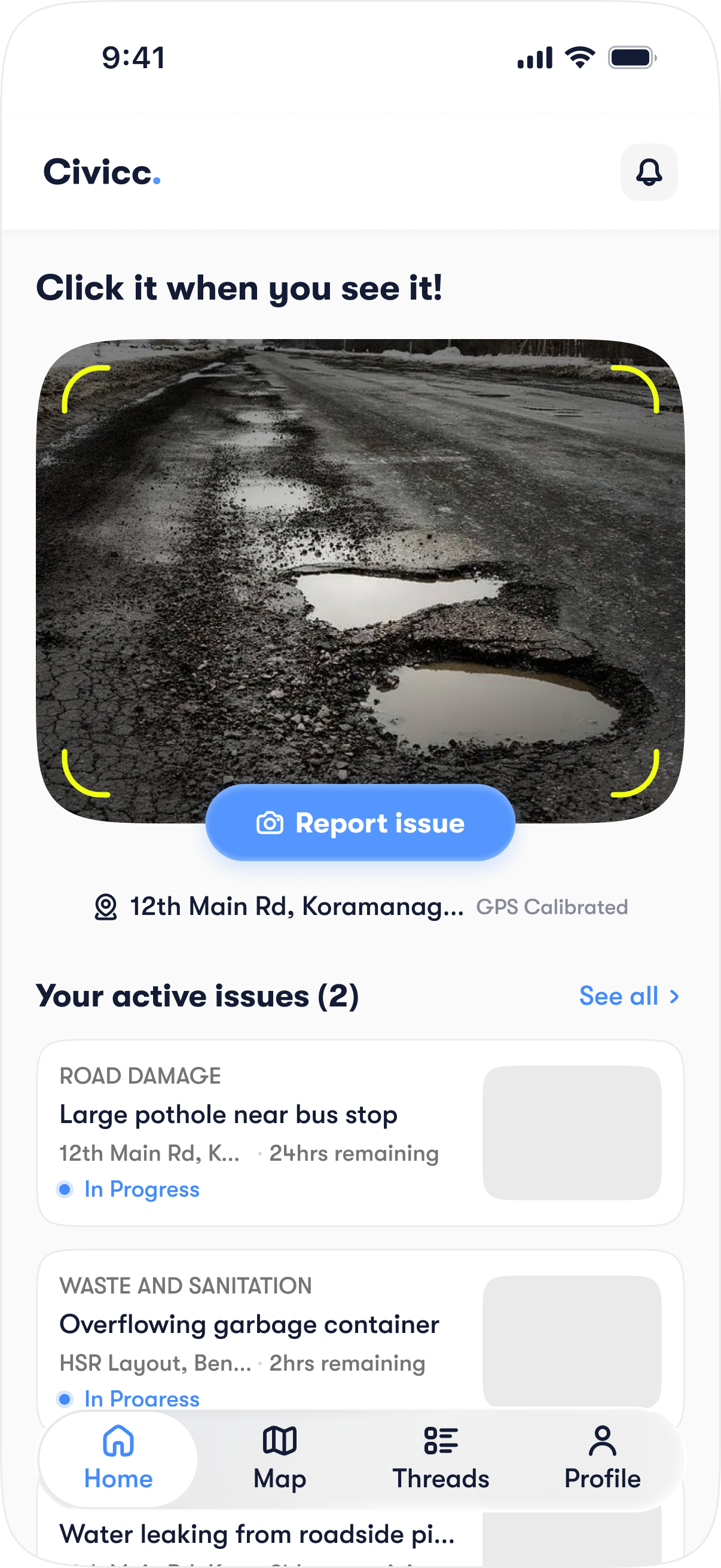 Civicc Camera-First Reporting Home Screen