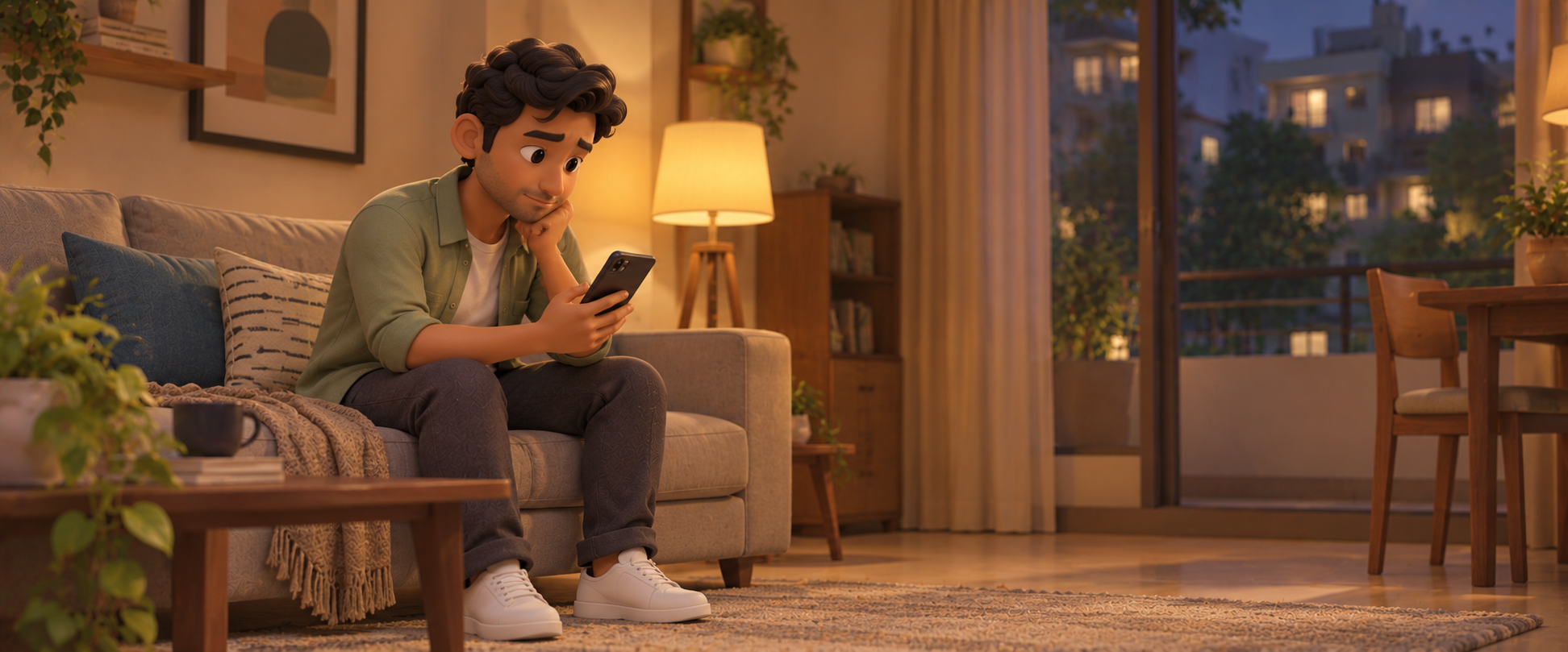 Arjun at home sitting on his couch, looking down at his phone in quiet frustration