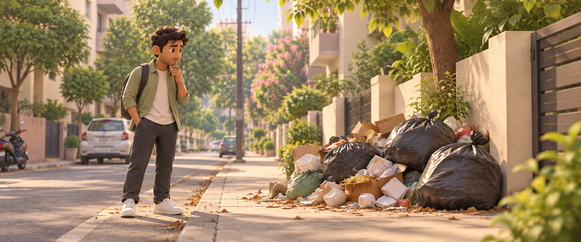 Arjun pauses on the sidewalk noticing an overflowing pile of uncollected garbage dumped beside the curb