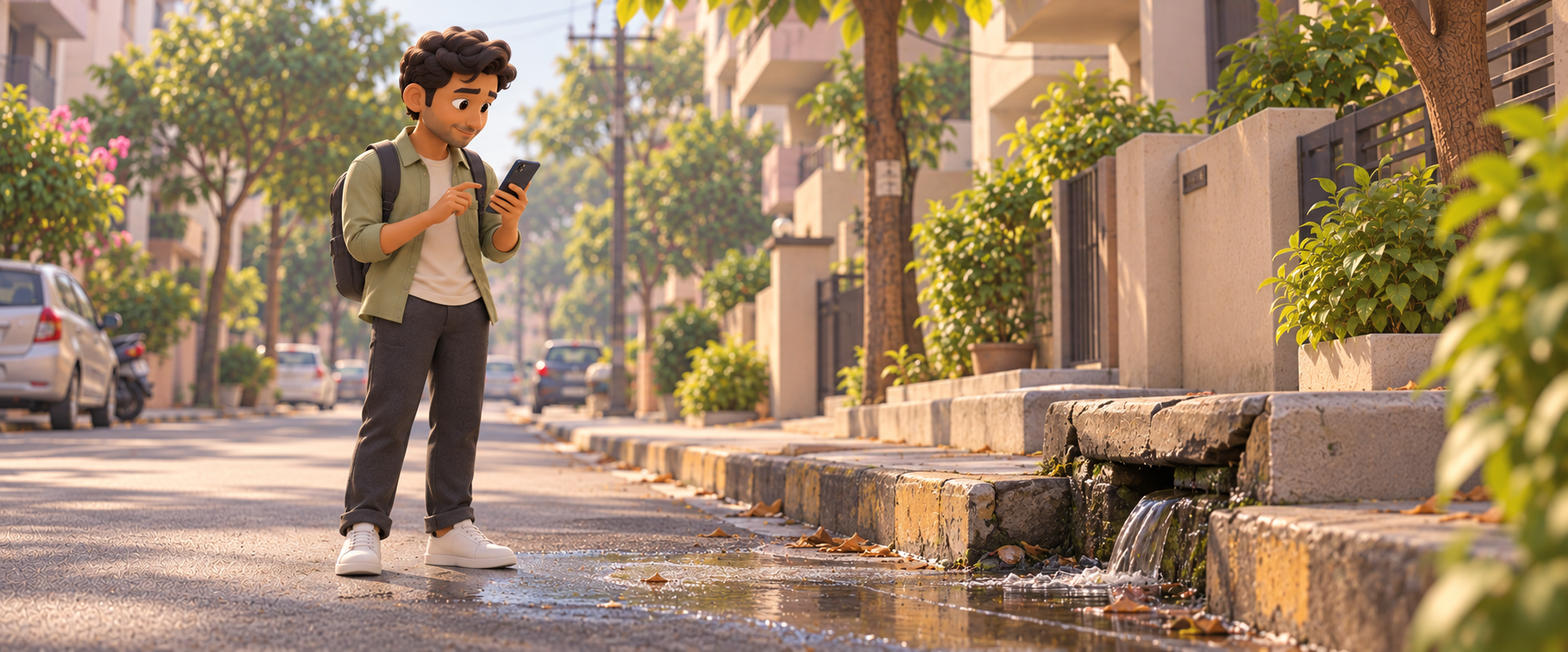 Broken municipal drain overflowing murky sewage onto 12th Main, with Arjun observing with phone ready