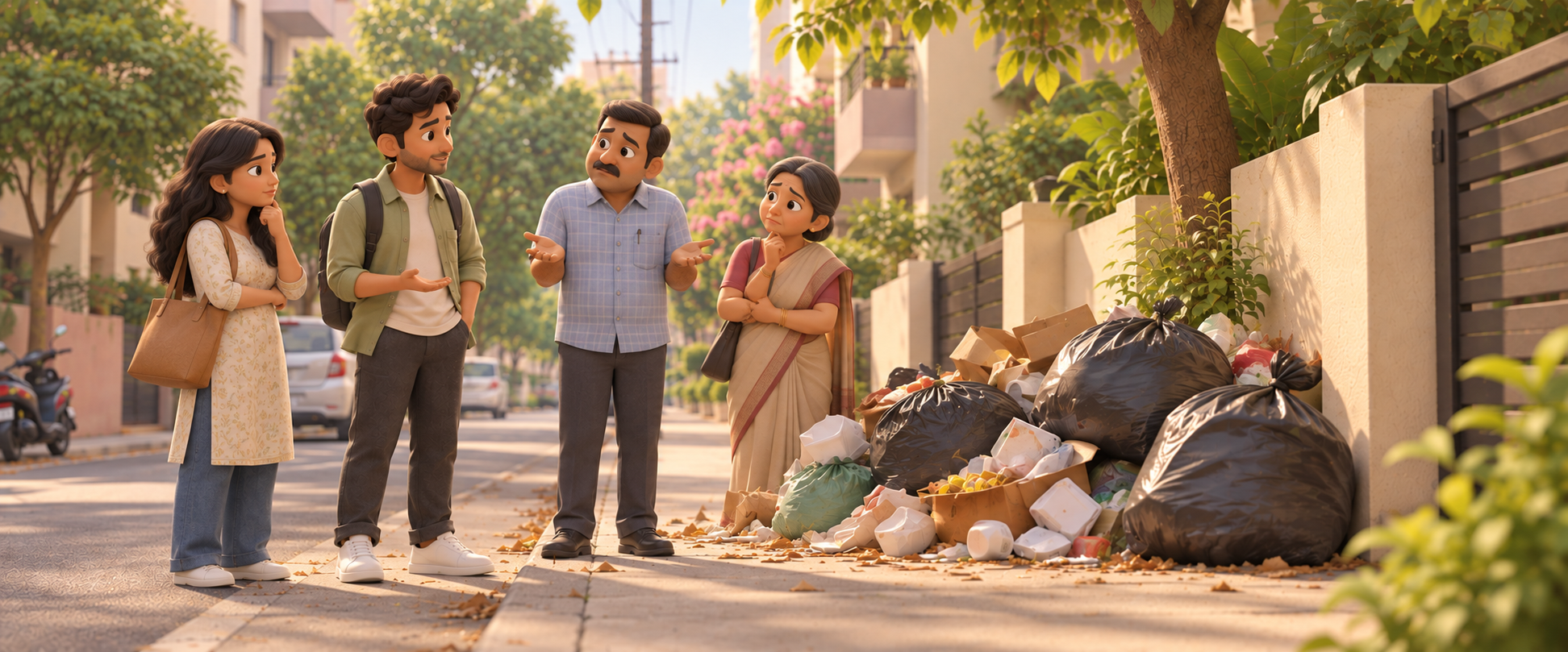 Arjun asking neighbors and shopkeeper who is responsible for the garbage, receiving shrugs of uncertainty