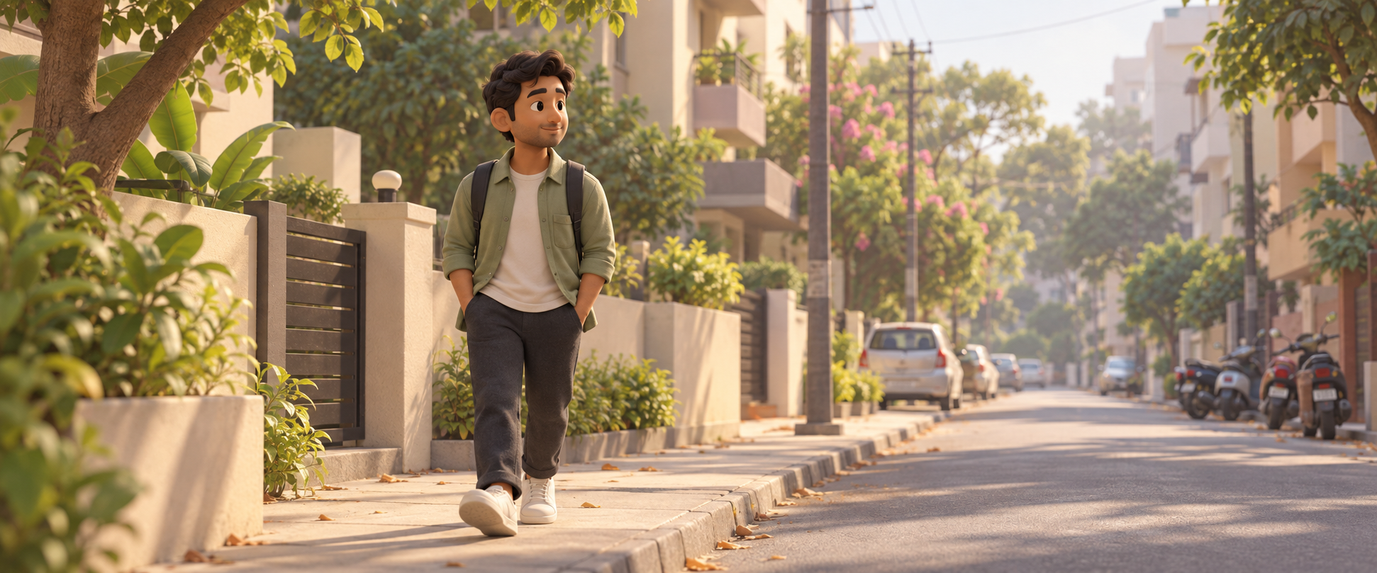 Arjun walking down a Bengaluru urban street sidewalk with trees and morning light